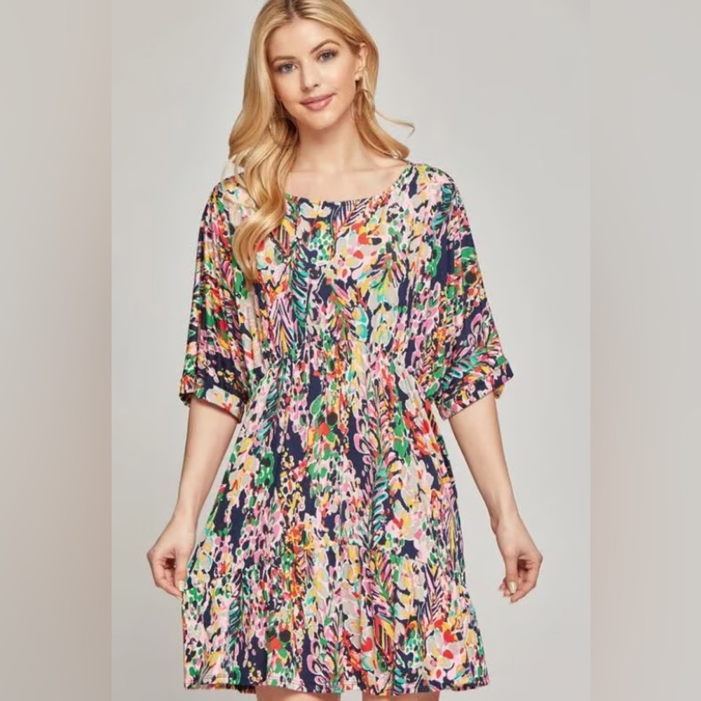 Babydoll Multi Print Midi Dress - Navy/Multi-color